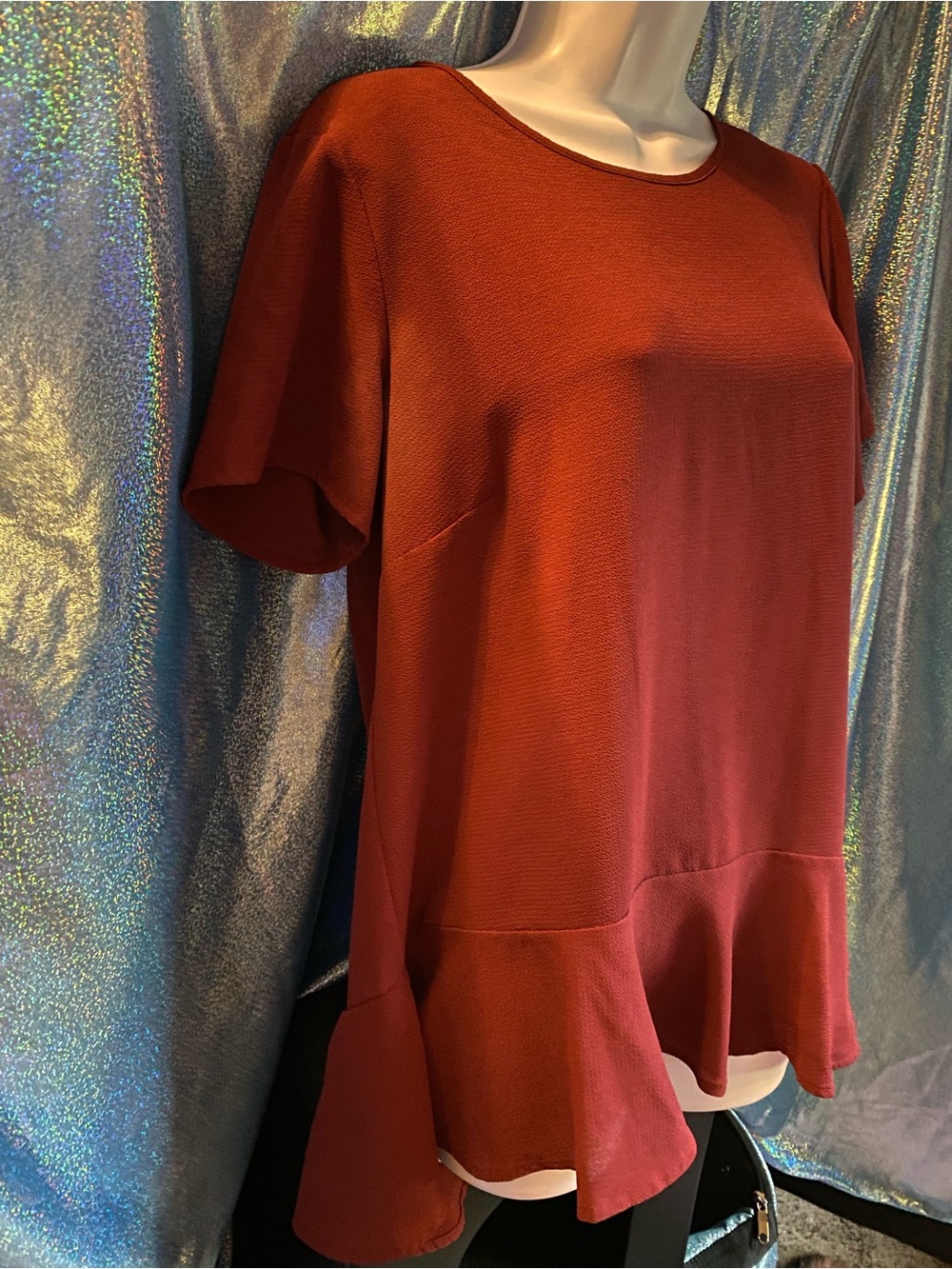 Pleione Rust Red Peplum Short Sleeve Blouse